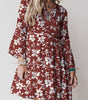 Red Boho Floral Print Lettuce Trim 3/4 Sleeve Mini Dress Markonline