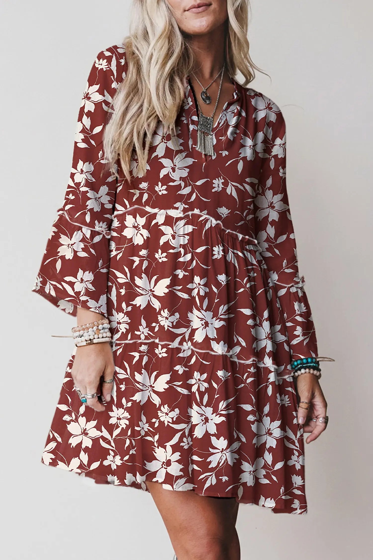 Red Boho Floral Print Lettuce Trim 3/4 Sleeve Mini Dress Markonline