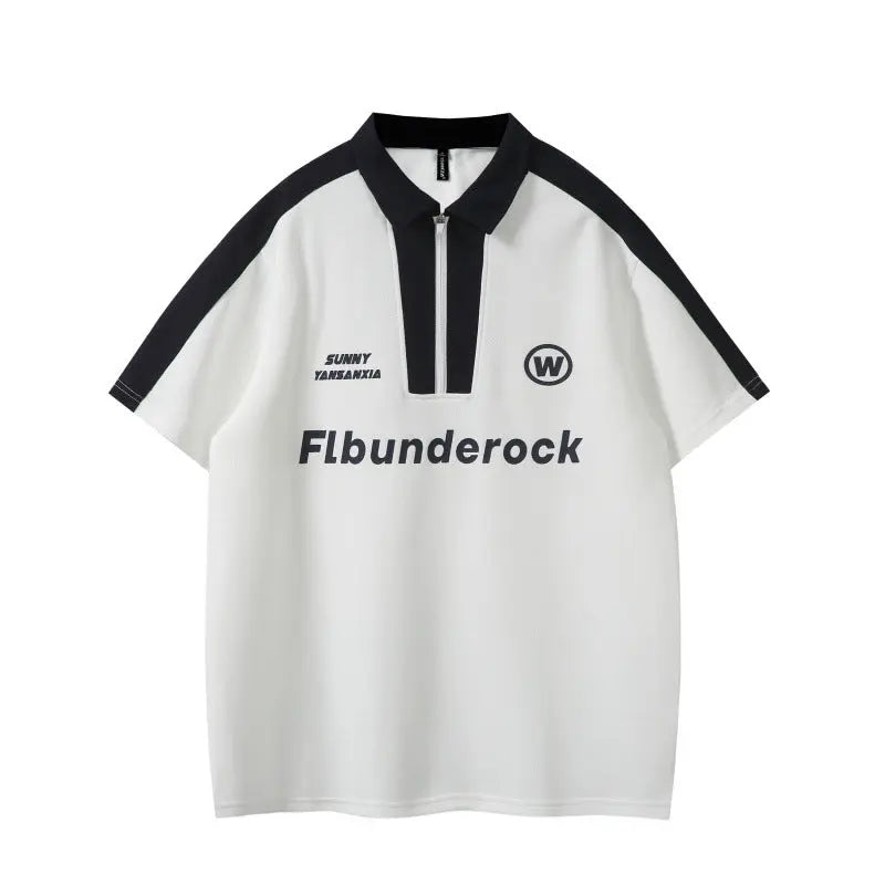 Letter printed half zip loose polo shirt short sleeved Markonline