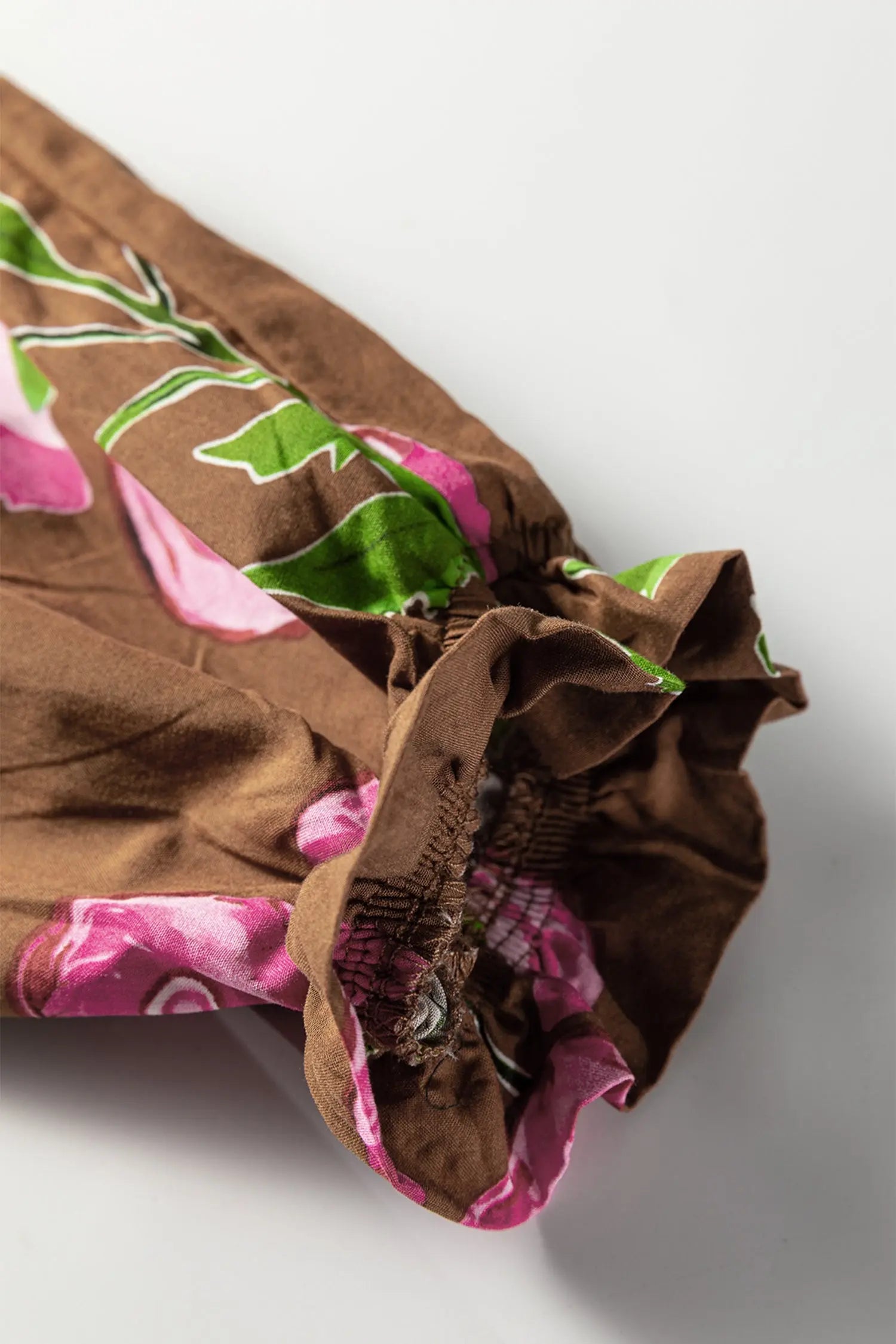 Brown Contrast Floral Print Babydoll Tunic Ruffled Hem Puff Sleeve Dress Markonline