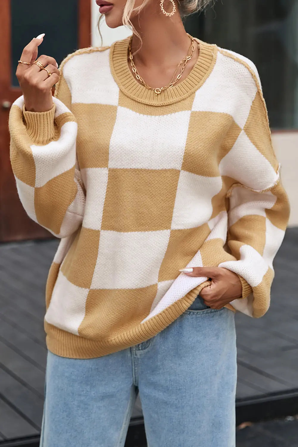 Khaki Checkered Bishop Sleeve Sweater Dear-Lover Dropshipping