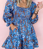 Blue Smocked Bodice High Waist Ruffled Sleeve Floral Dress Markonline