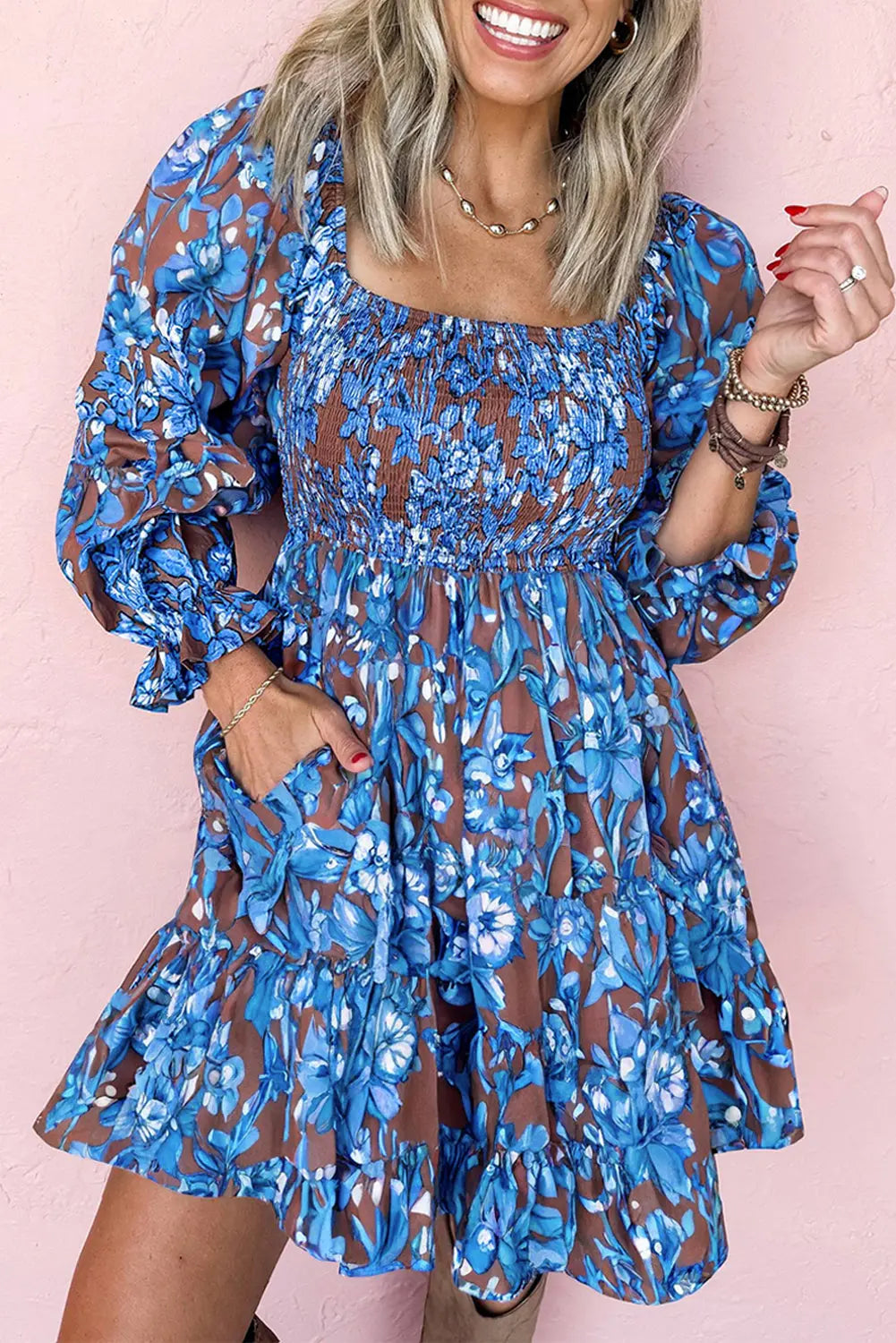 Blue Smocked Bodice High Waist Ruffled Sleeve Floral Dress Markonline