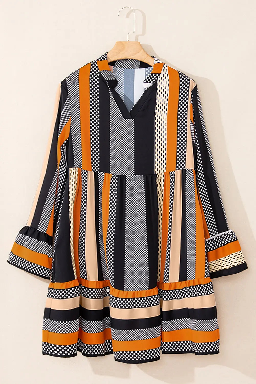 Black Striped Polka Dot Print Ruffled Hem V Neck Mini Dress Markonline