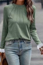 Grass Green Seam Detail Lace Contrast Cuffs Raglan Sleeve Top Dear-Lover Dropshipping