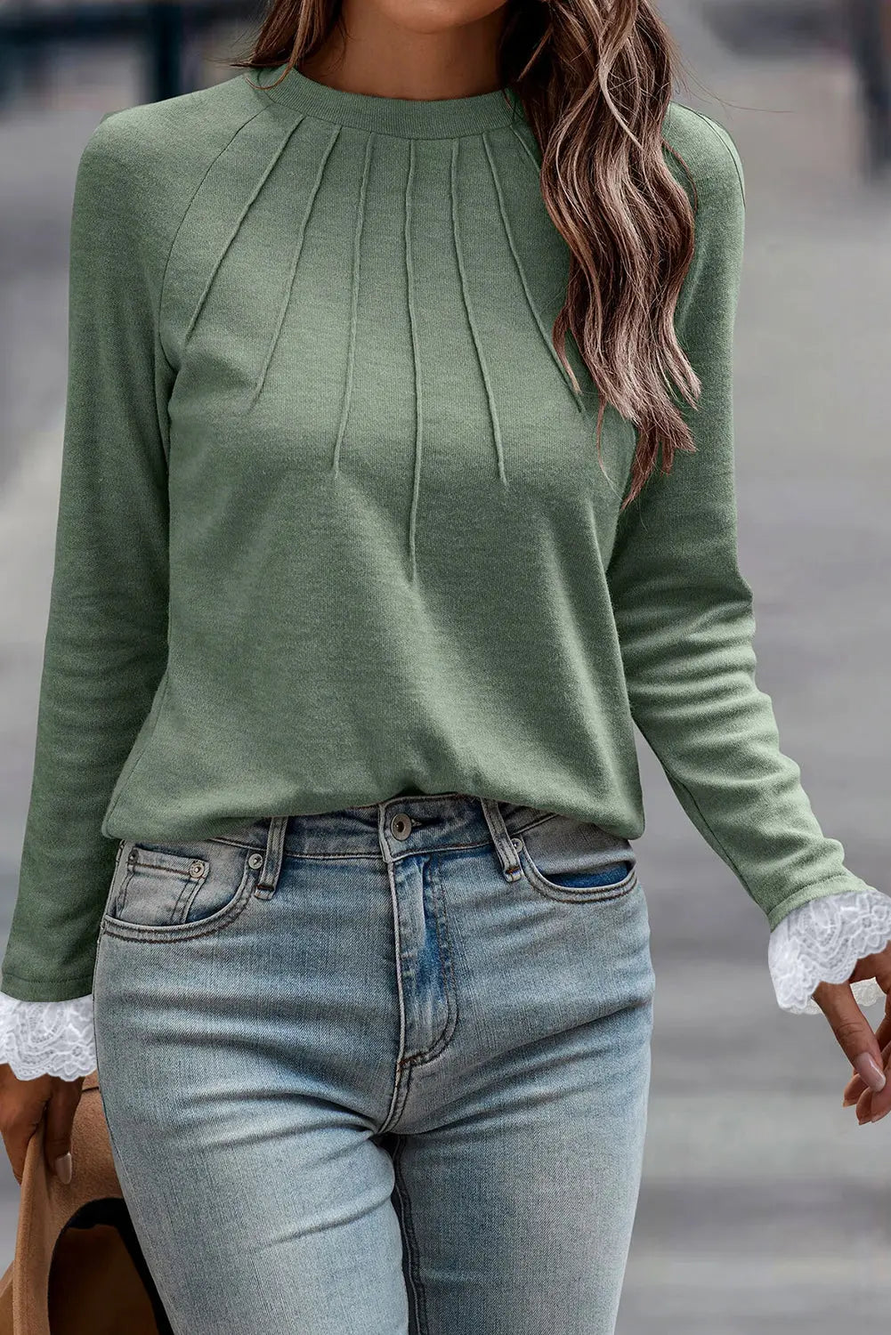 Grass Green Seam Detail Lace Contrast Cuffs Raglan Sleeve Top Dear-Lover Dropshipping