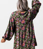 Green Floral Print Split Neck Bubble Sleeve Shift Mini Dress Markonline
