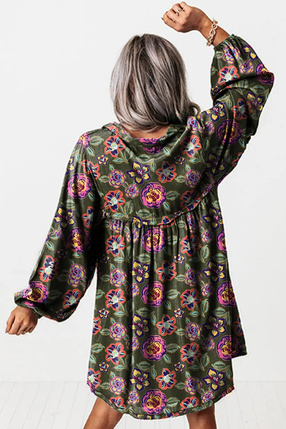 Green Floral Print Split Neck Bubble Sleeve Shift Mini Dress Markonline