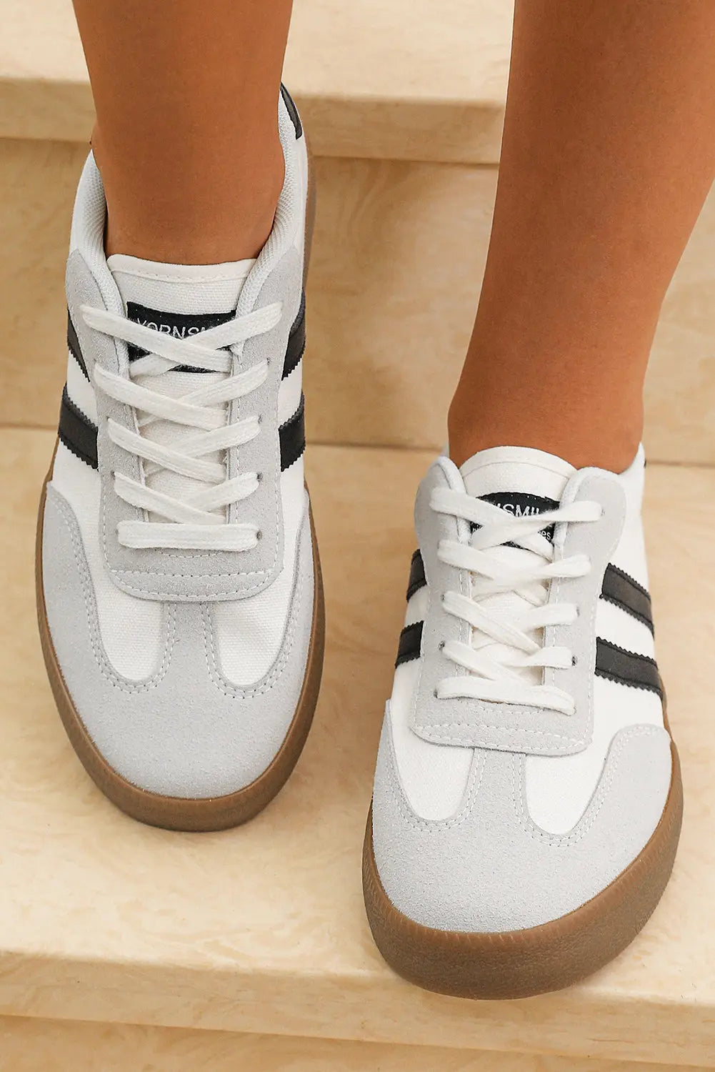 White Striped Lace-up Flat Sneakers Markonline