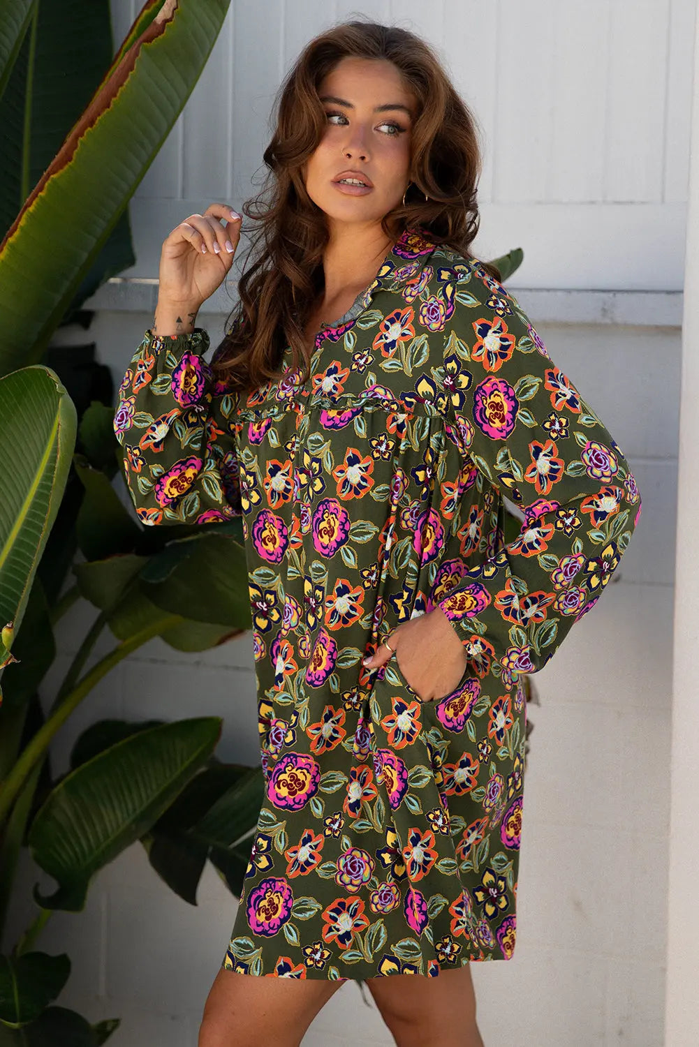 Green Floral Print Split Neck Bubble Sleeve Shift Mini Dress Markonline