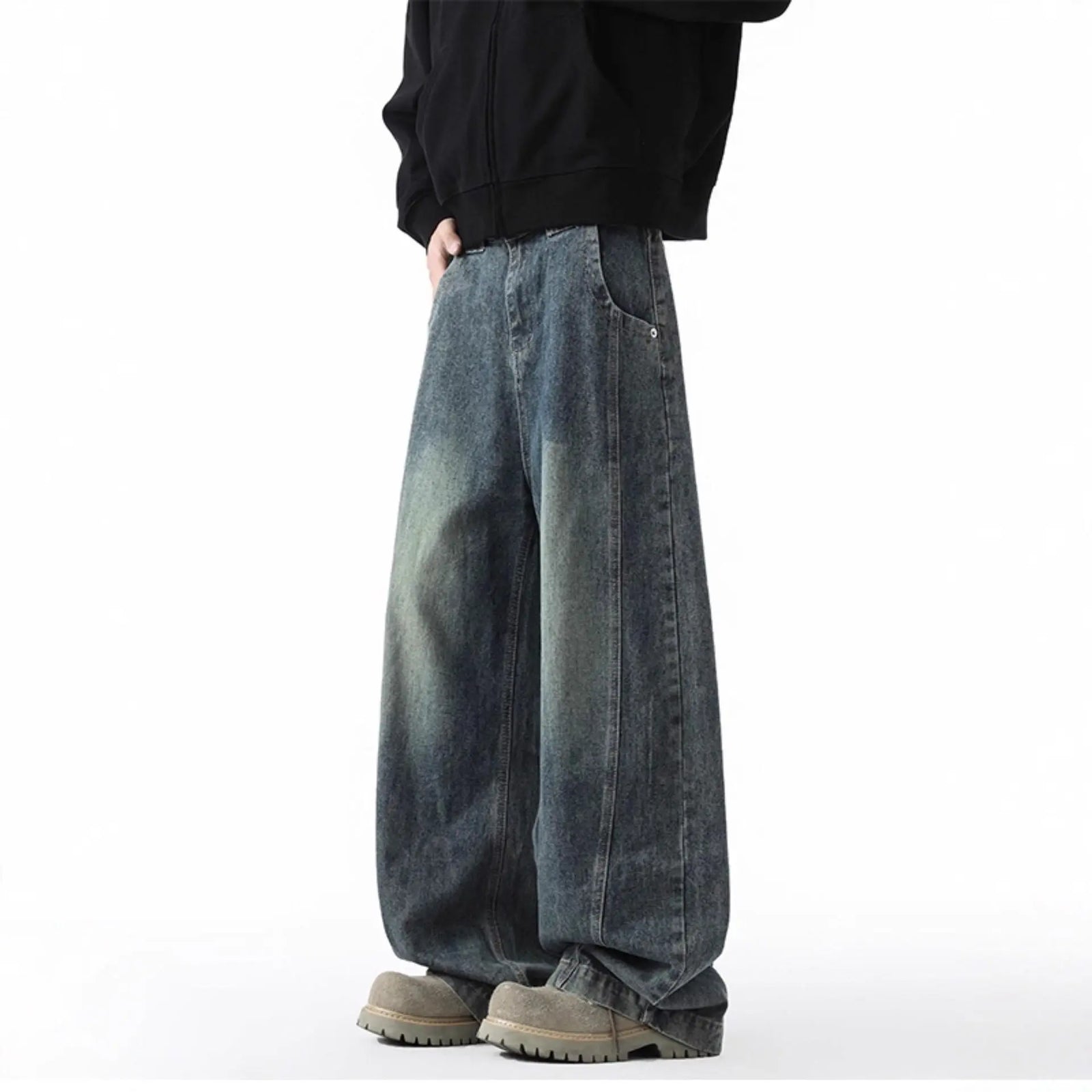 High Street Wide Leg Jeans Men Autumn Winter  Loose Straight Fit Drapey Floor-Length Pants Men Washed Vintage