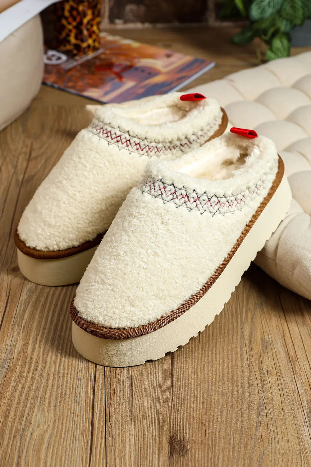 White Embroidered Sherpa Plush Thick Sole Winter Slippers Dear-Lover Dropshipping