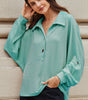 Light Blue Oversized Twist Ribbed Collared Henley Top with Roll up Sleeve Markonline