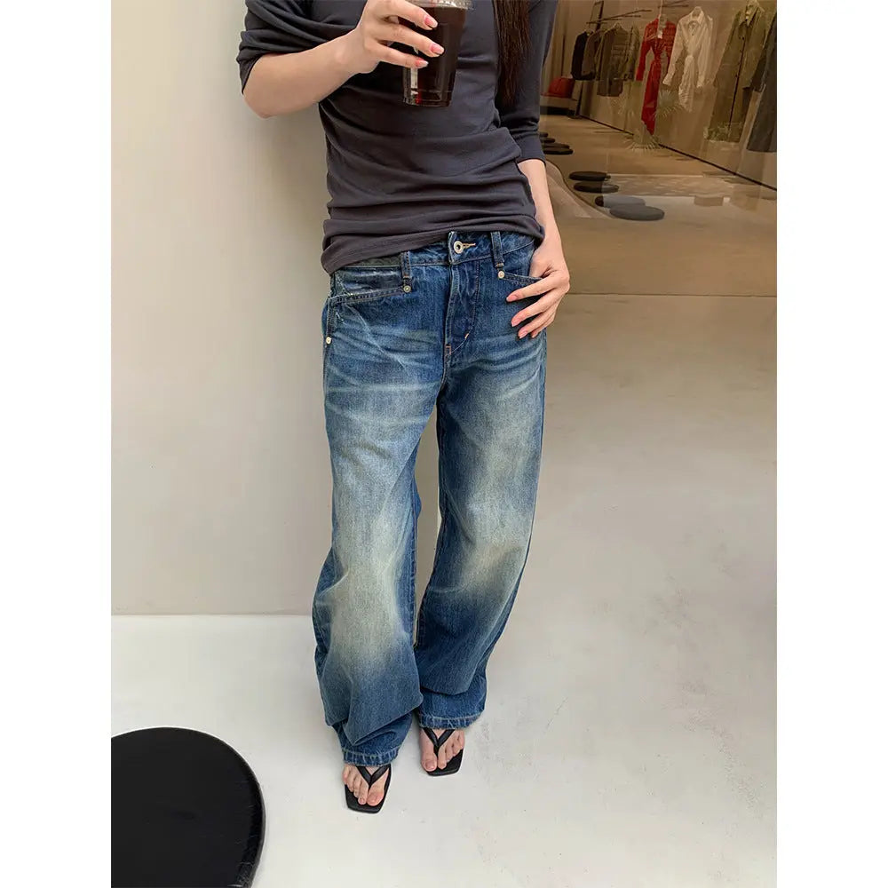 Split Pocket Design Jeans Women's Vintage Casual Straight Leg Pants Markonline