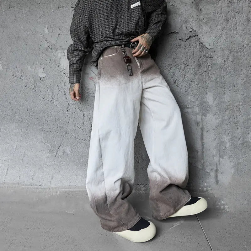 Retro Style Washed Ombre Color Knife-Edge Jeans for Men and Women,  Loose Floor-Length Wide Leg Pants