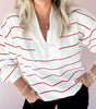 Fiery Red Zip V Neck Casual Stripe Print Drop Shoulder Long Sleeve Top Markonline