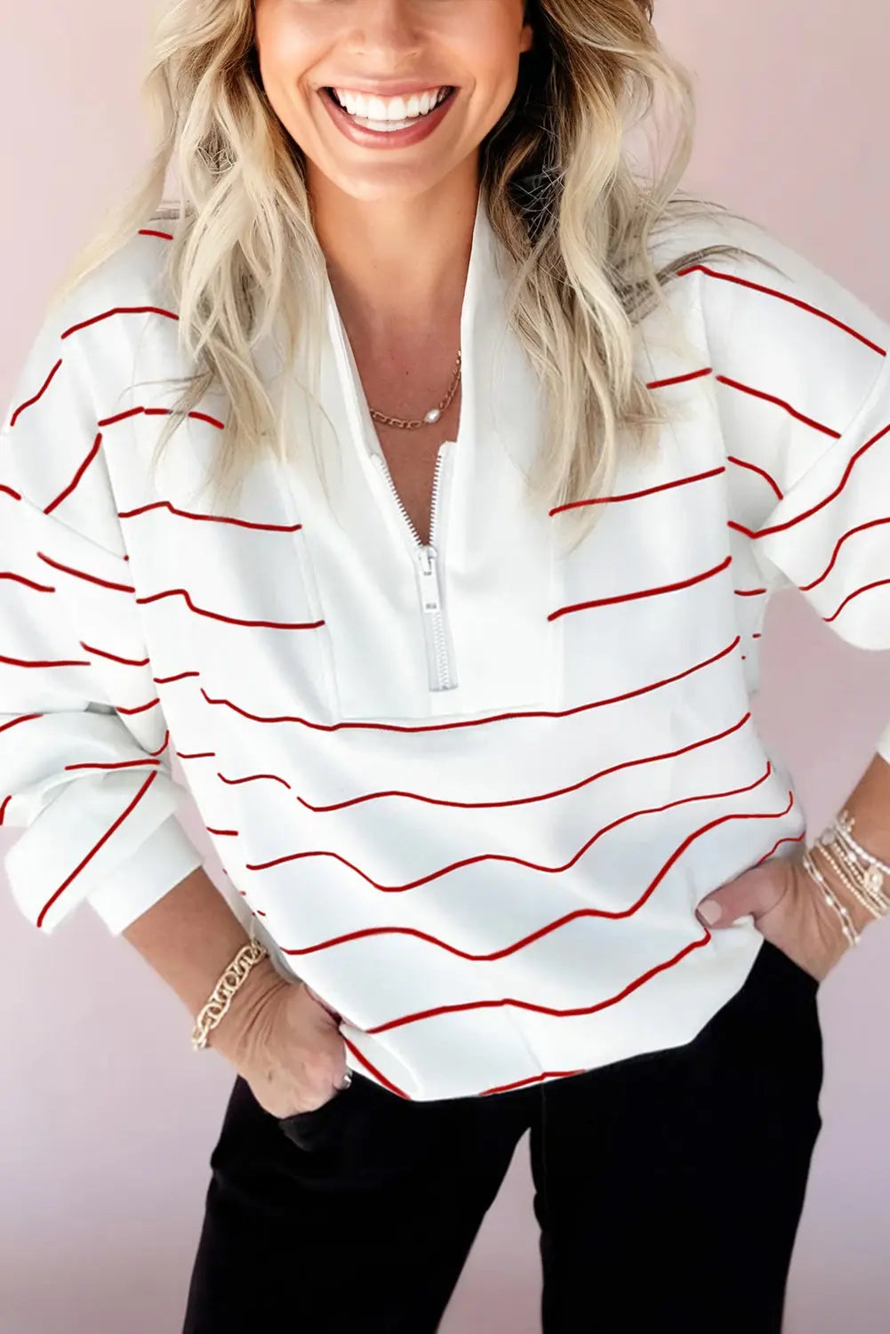 Fiery Red Zip V Neck Casual Stripe Print Drop Shoulder Long Sleeve Top Markonline