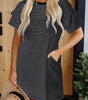 Black Stripe Ruffled Short Sleeve Crew Neck T Shirt Shift Mini Dress Markonline