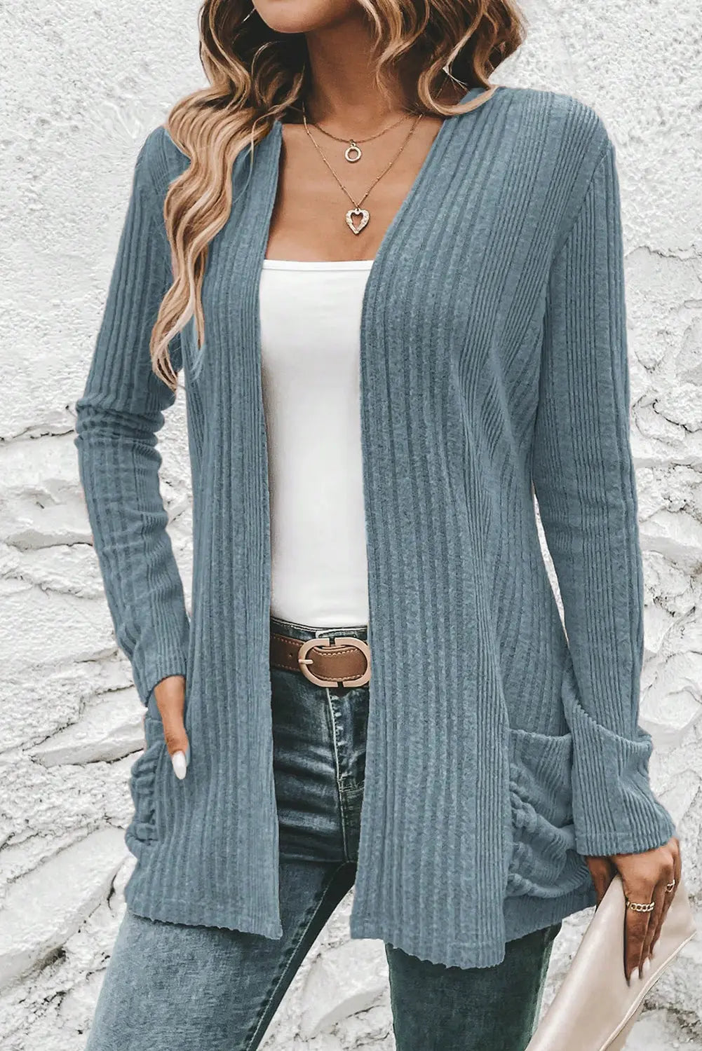 Stone Blue Ribbed Open Front Knitted Top with Pockets Dear-Lover Dropshipping