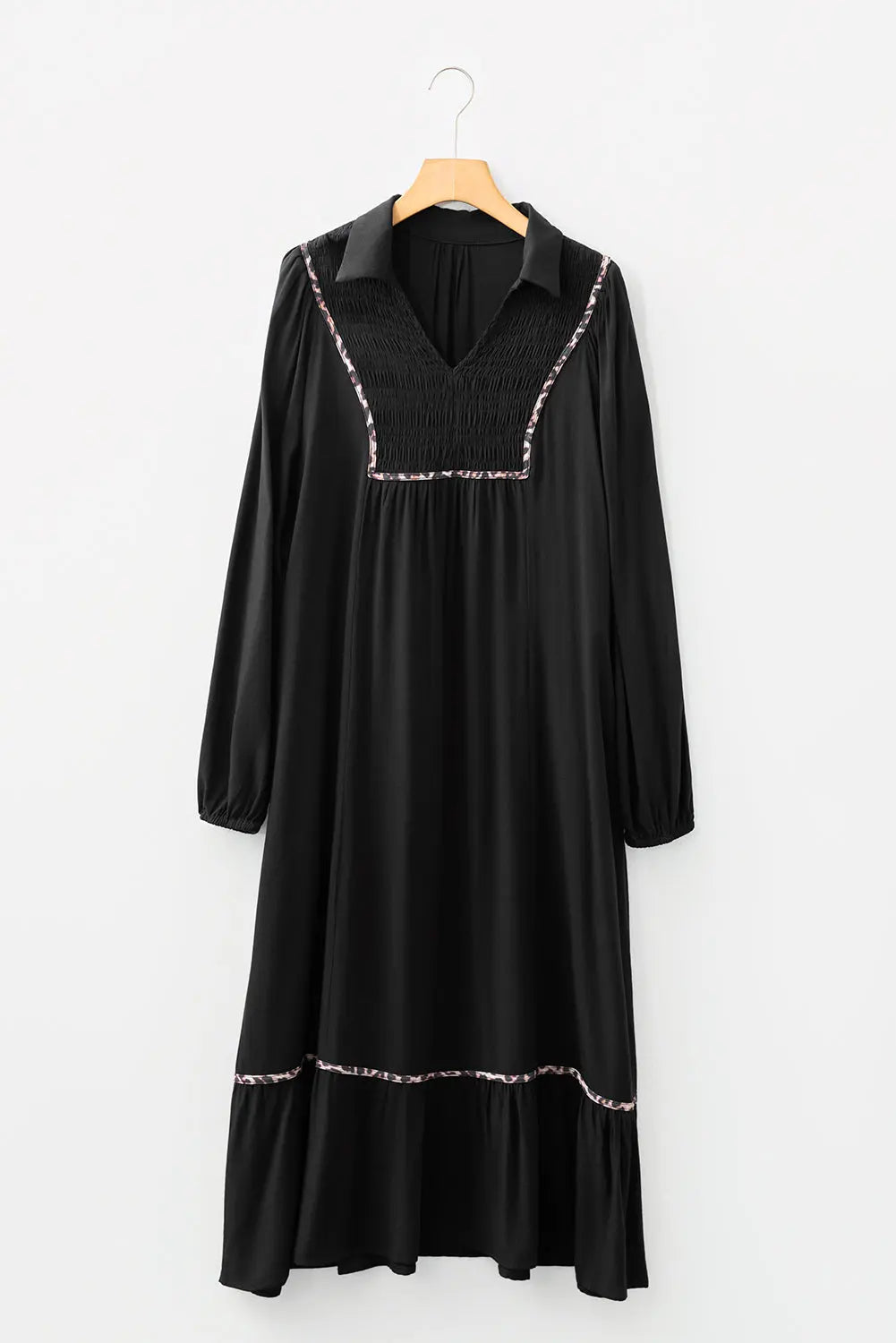 Black Collared V Neck Smocked Detail Contrast Leopard Trim Bracelet Sleeve Long Dress Markonline