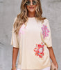 Apricot Flower Patched Exposed Stitching Trim Crew Neck Loose Tee Markonline
