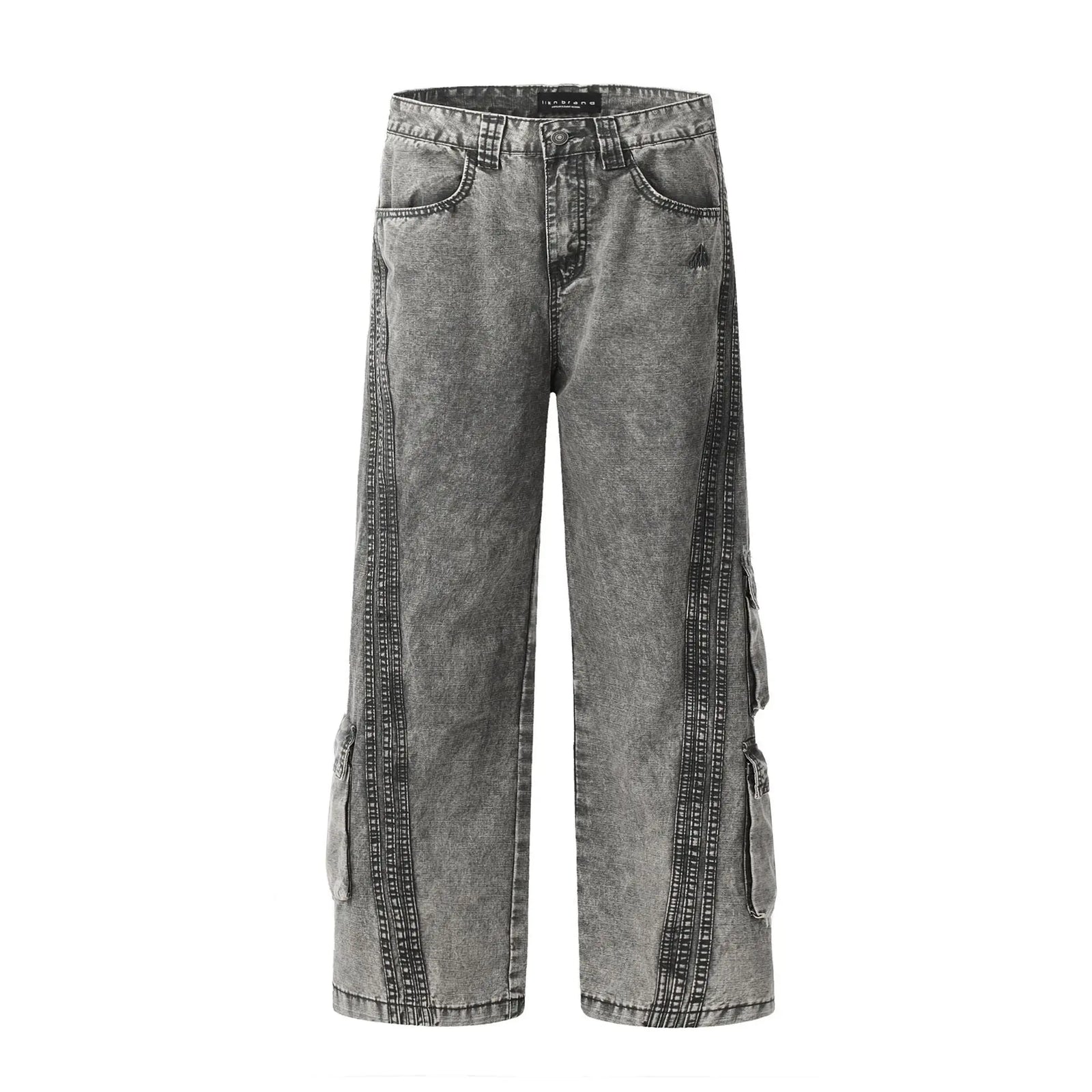 Washed Gray Workwear Jeans with Multiple Pockets for Men and Women
