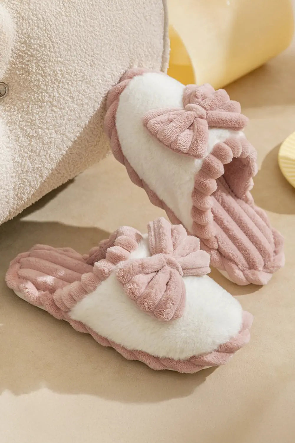Fushia Bow Decor Color Block Ribbed Plush Slippers Markonline