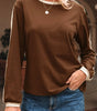 Dark Brown Varsity Striped Accent Contrast Crew Neck Long Sleeve T Shirt Markonline