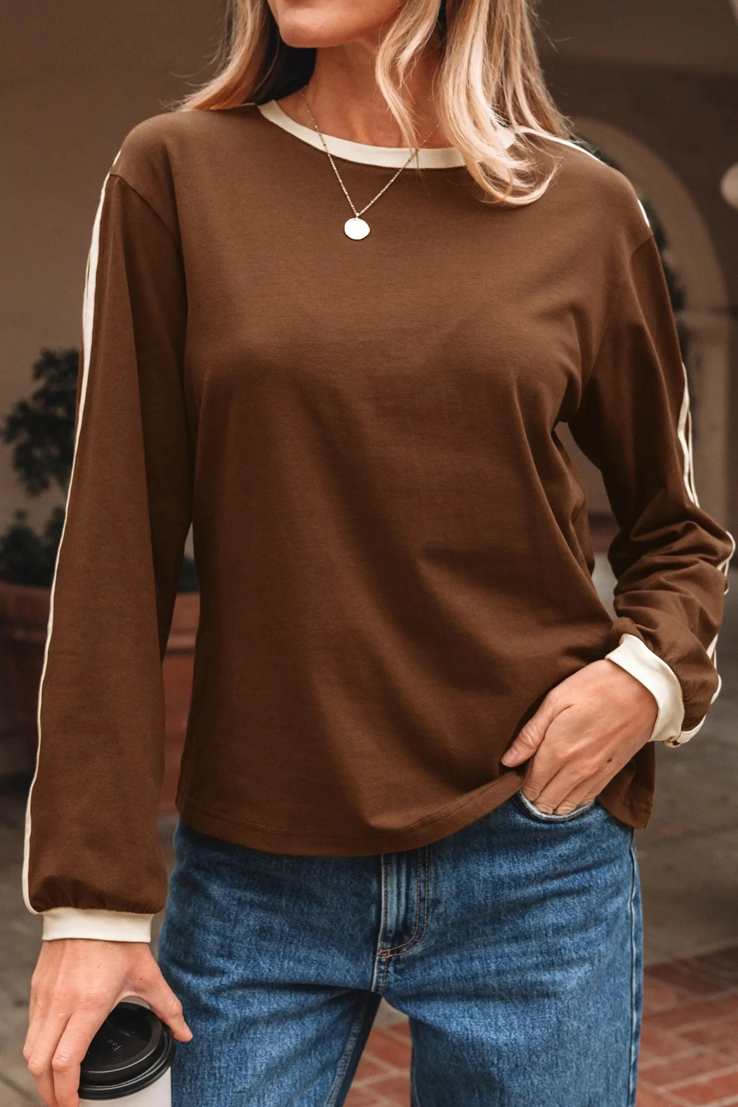 Dark Brown Varsity Striped Accent Contrast Crew Neck Long Sleeve T Shirt Markonline