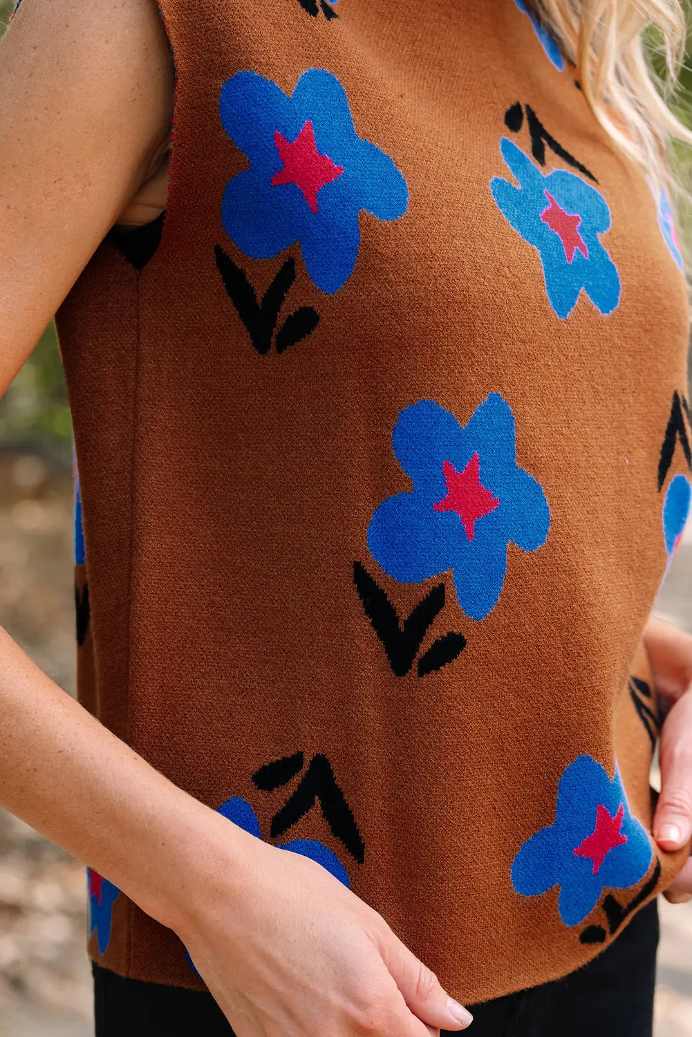 Chestnut Floral High Neck Sweater Vest Dear-Lover Dropshipping