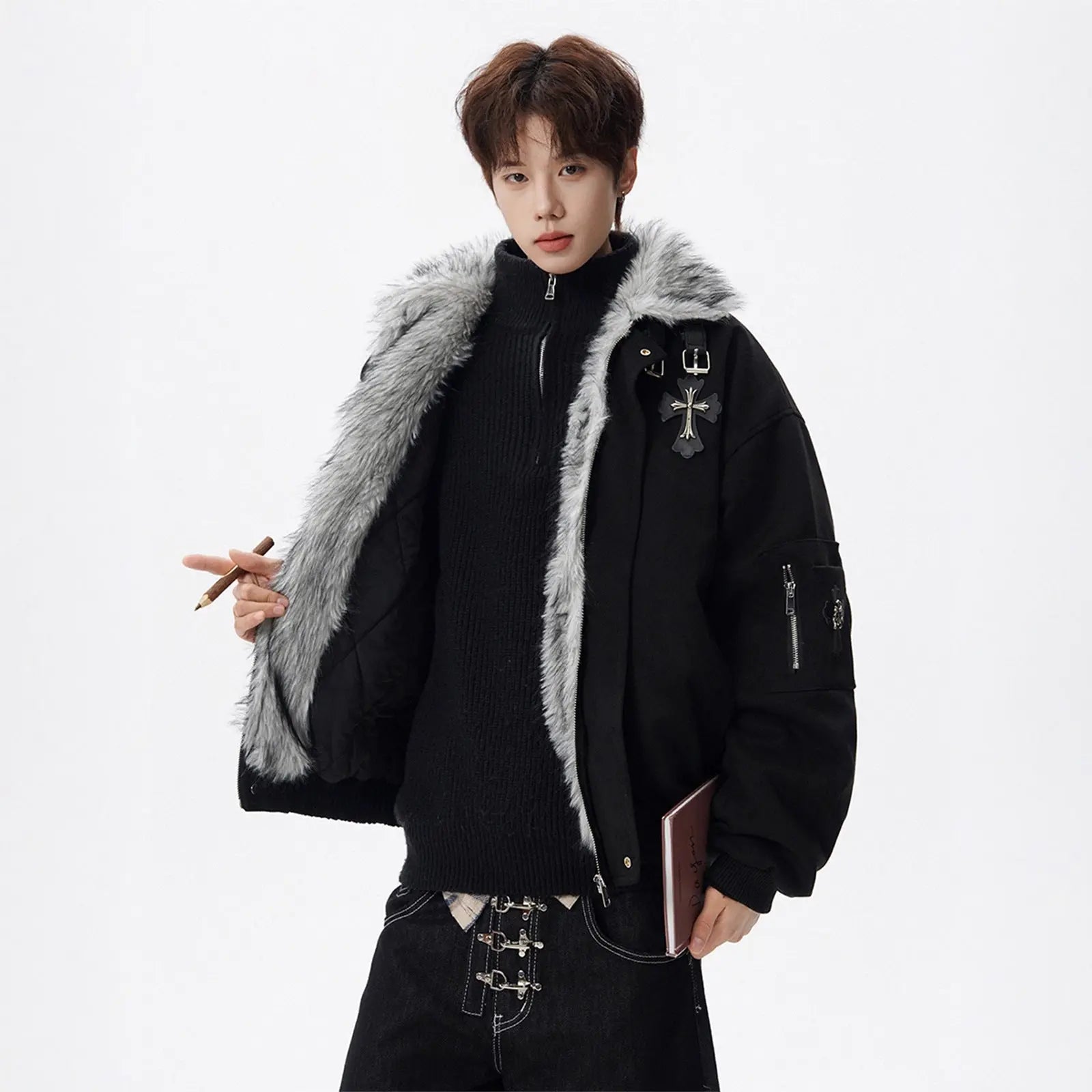 Cross Mountain Eagle Fur-Collar Cotton Coat for Men, Winter Fleece-Lined Thick Warm Cotton Jacket, High-End Style Markonline