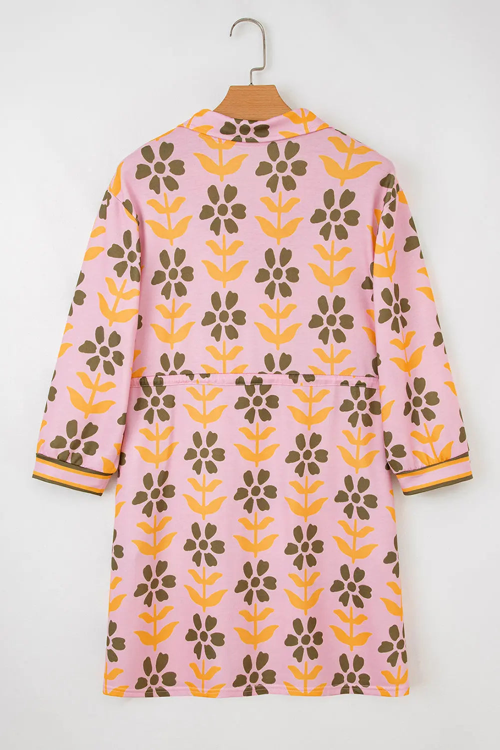 Pink Floral Print Zip Neck Striped Patchwork Long Sleeve Drawstring Dress Markonline