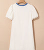 Beige Stripe Seersucker Contrast Round Neck Puff Sleeve T Shirt Dress Markonline