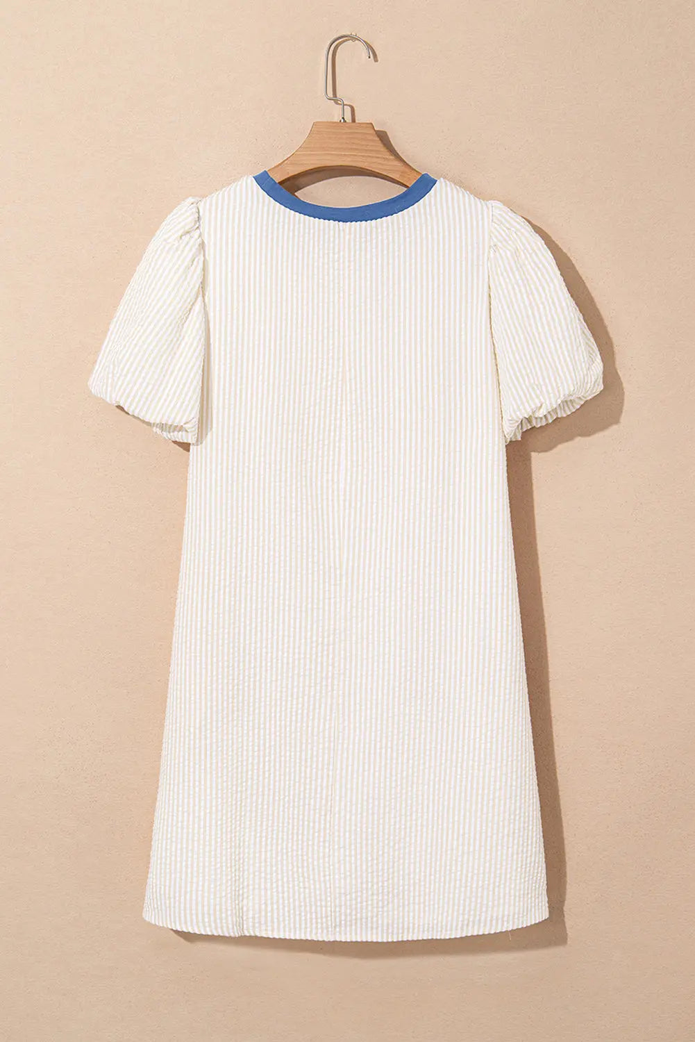 Beige Stripe Seersucker Contrast Round Neck Puff Sleeve T Shirt Dress Markonline
