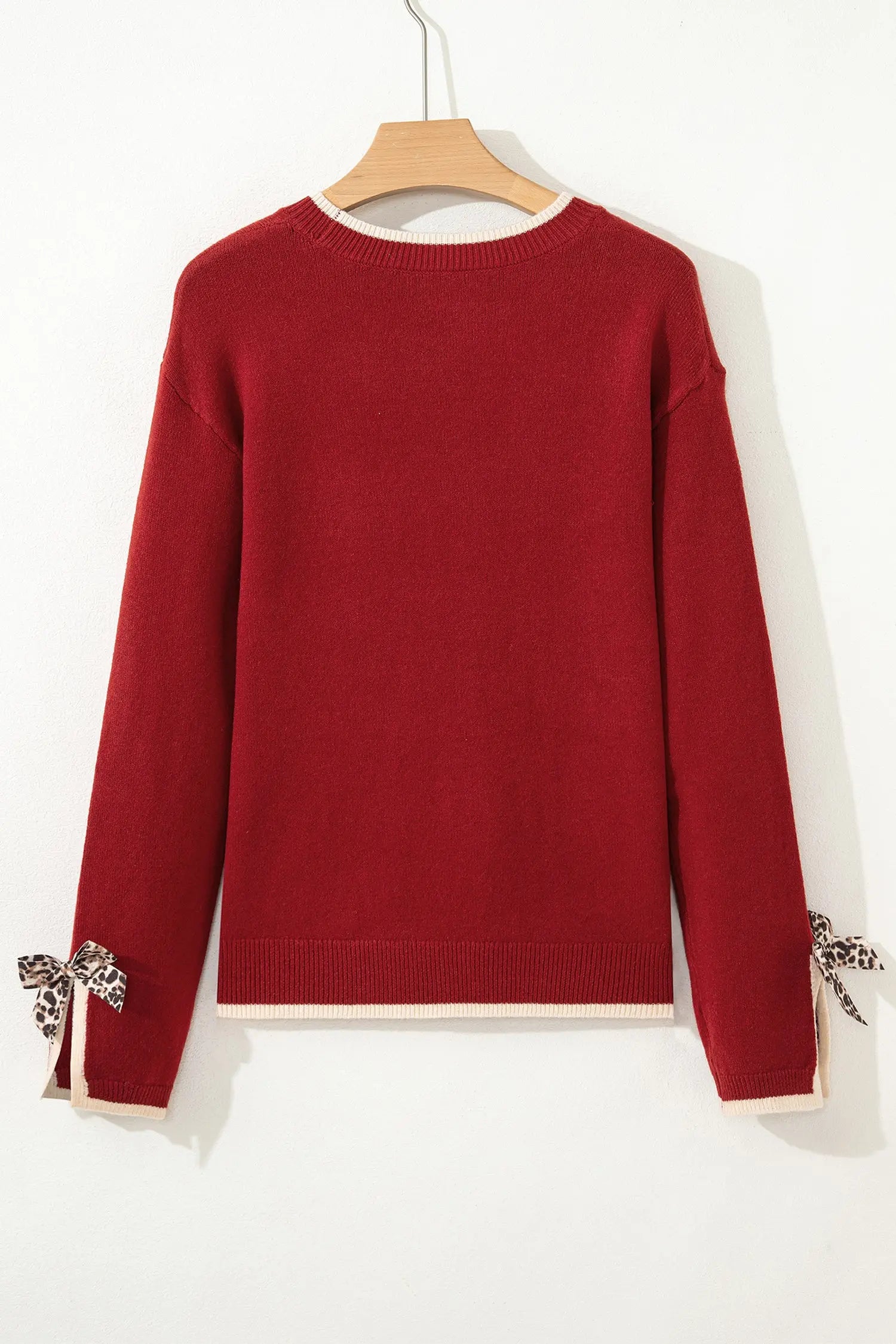Racing Red Leopard Bow Decor Split Cuff Contrast Trim Sweater Dear-Lover Dropshipping