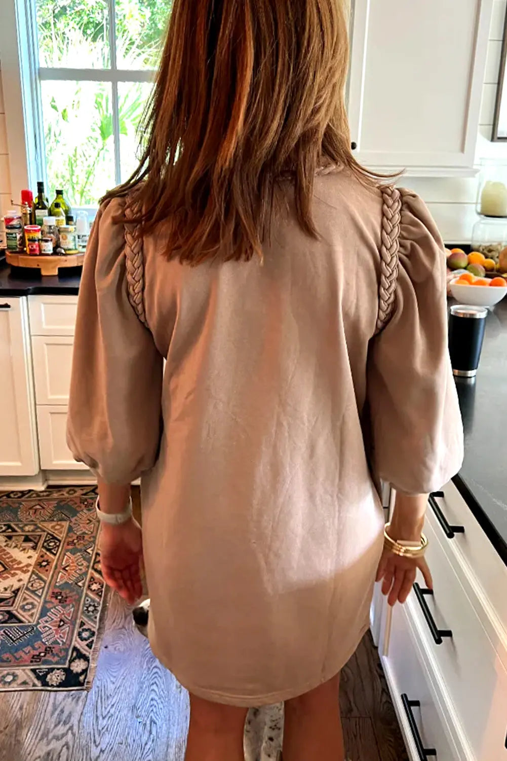 Light French Beige Braided Trim Puff Sleeve Dress Markonline