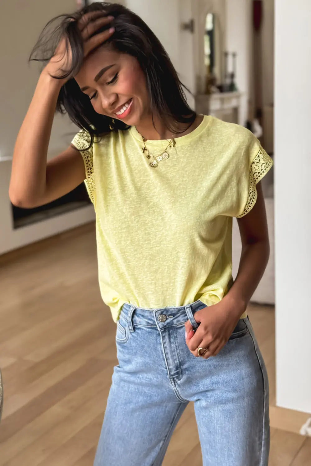 Yellow Cream Lace Patchwork Cap Sleeve Round Neck T Shirt Markonline