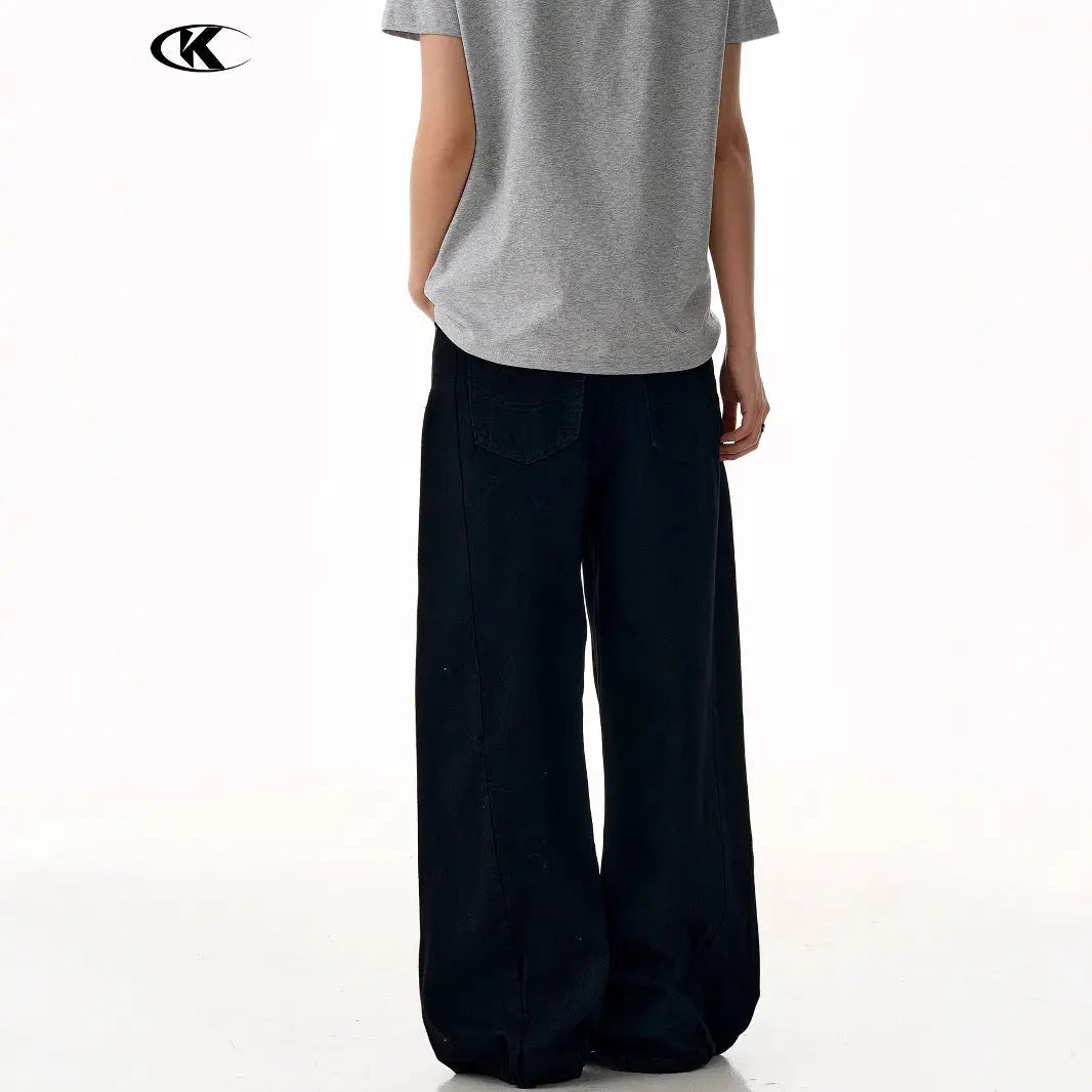 Vintage Black Denim Pants for Men and Women Straight Clean Fit Loose Wide Leg Floor-Length Casual Trousers Markonline