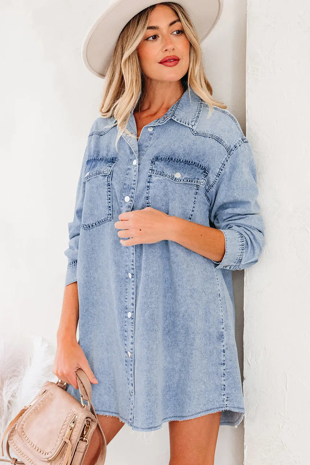 Beau Blue Chest Pocket Raw Hem Denim Loose Shirt Dress Markonline