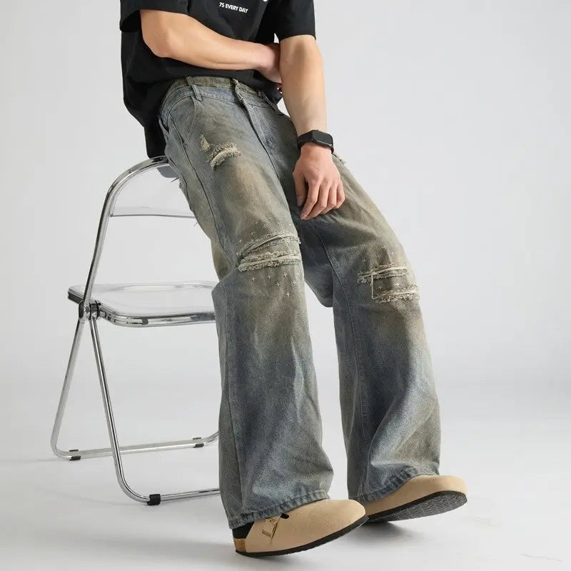 High street dirty dyed washed denim jeans for men