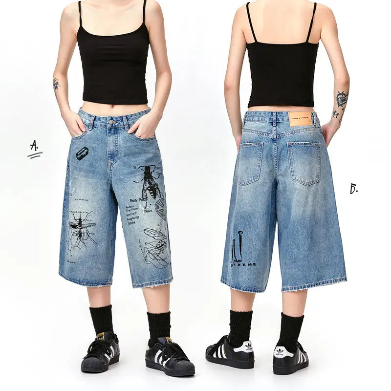 Street Graffiti Print Destroyed Hole Seven-Quarter Denim Shorts for Men Markonline