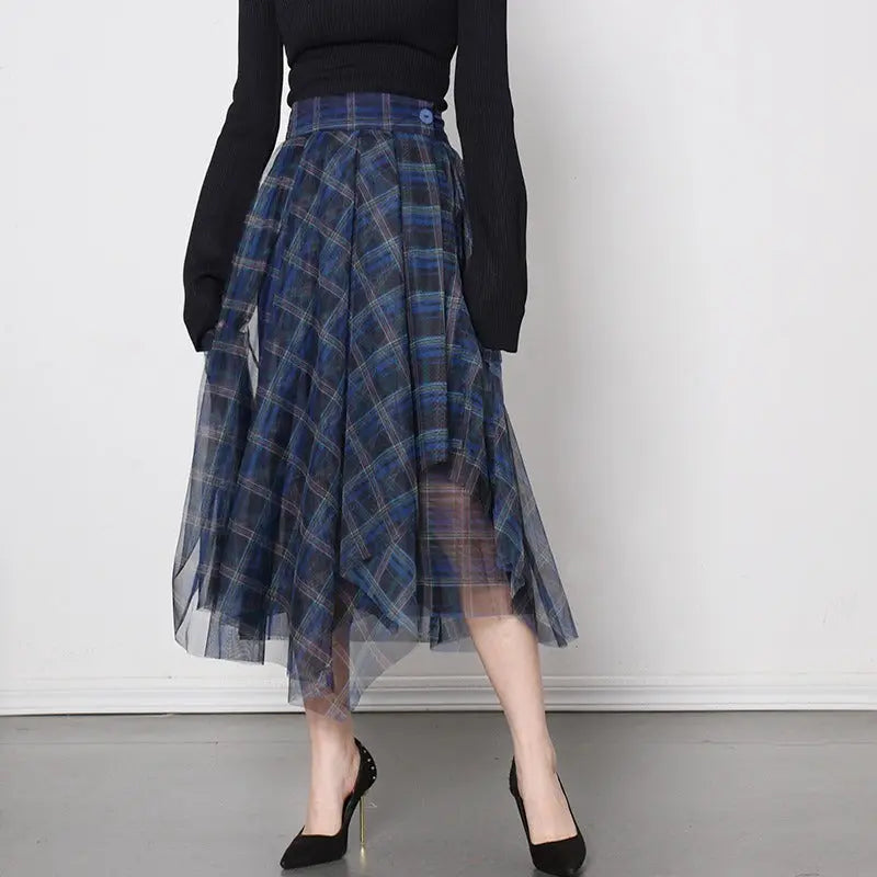 Blue plaid mesh skirt, multi-layer versatile A-line skirt for women Markonline