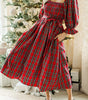 Red Tartan Plaid Square Neck Puff Sleeve Knot Waist Flared Midi Dress Markonline