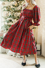 Red Tartan Plaid Square Neck Puff Sleeve Knot Waist Flared Midi Dress Markonline