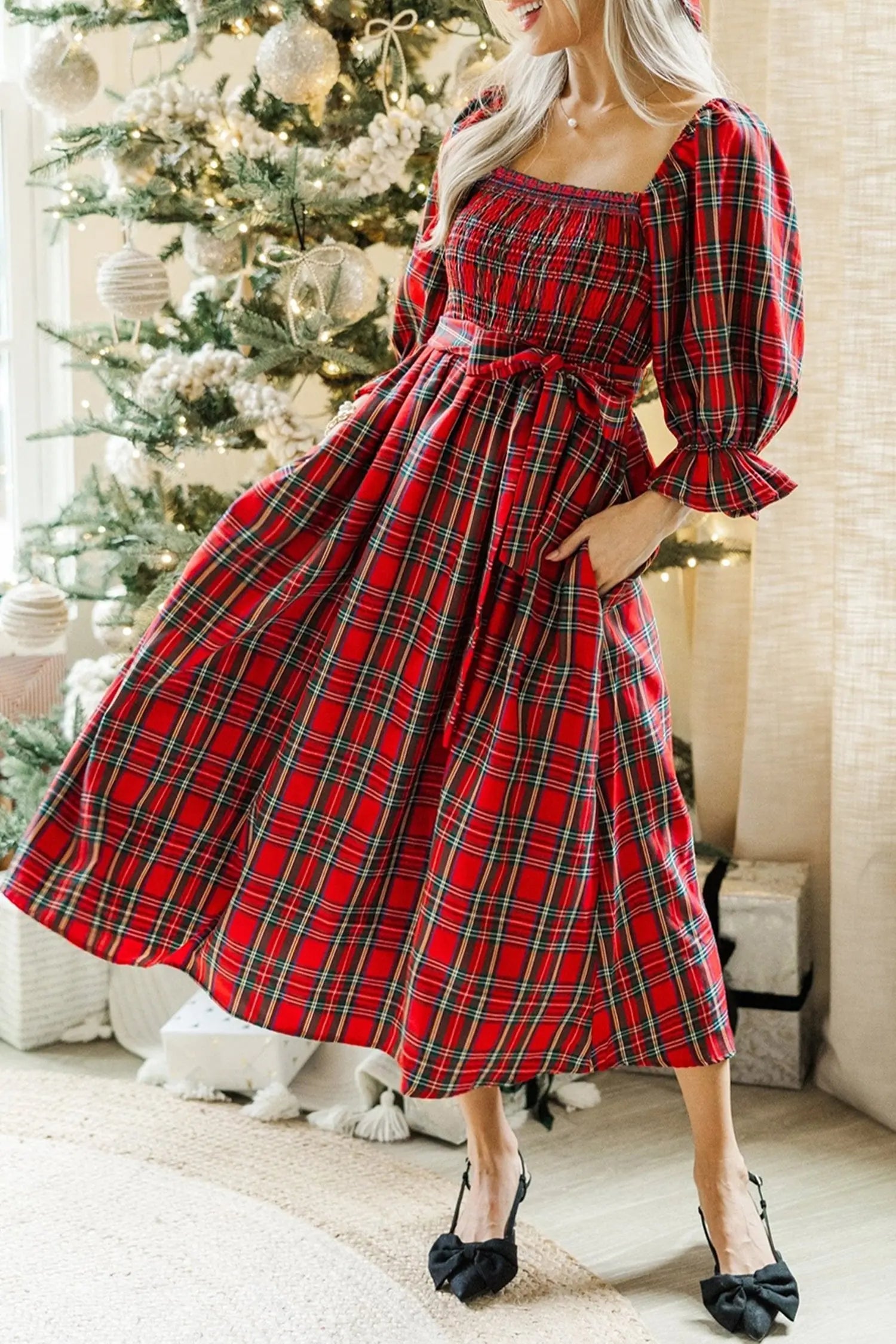 Red Tartan Plaid Square Neck Puff Sleeve Knot Waist Flared Midi Dress Markonline