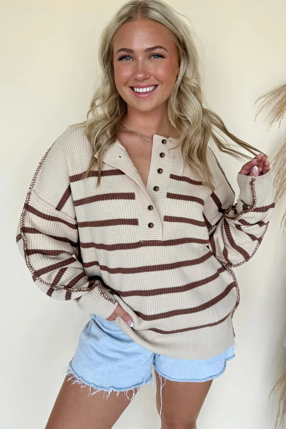 Brown Stripe Ribbed Henley Drop Shoulder Slouchy Sweater Dear-Lover Dropshipping