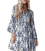 Sky Blue Boho Floral Print Lettuce Trim 3/4 Sleeve Mini Dress Markonline