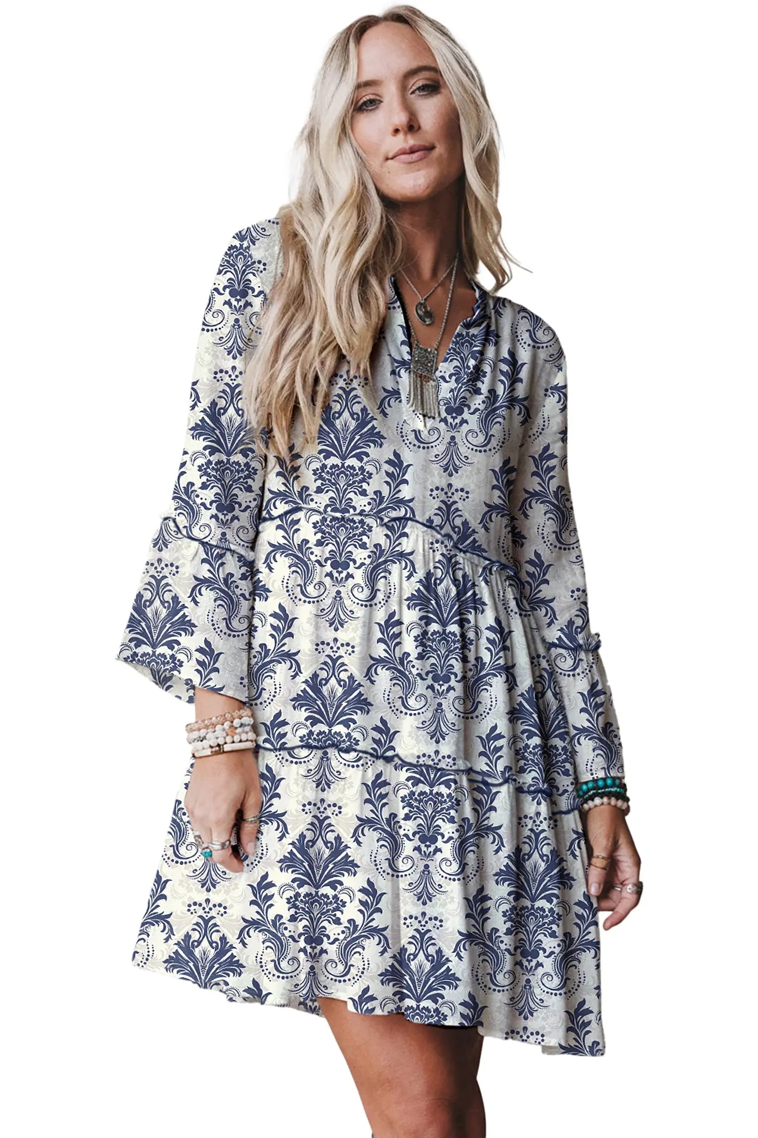Sky Blue Boho Floral Print Lettuce Trim 3/4 Sleeve Mini Dress Markonline