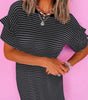 Black Stripe Ruffled Short Sleeve Crew Neck T Shirt Shift Mini Dress Markonline