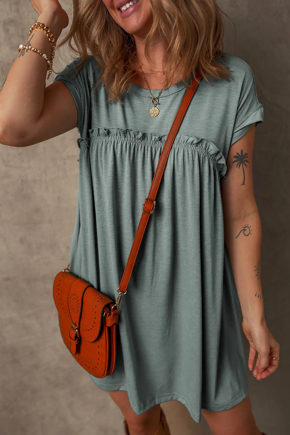 Mist Green Frilled Gathered Seam Round Neck T Shirt Dress Markonline